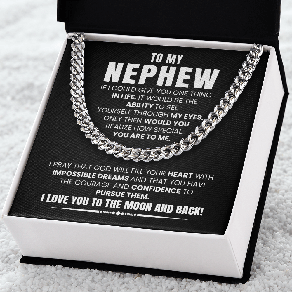 Cuban chain necklace gift for nephew with heartfelt message card from aunt or uncle celebrating strength, courage, and intelligence.