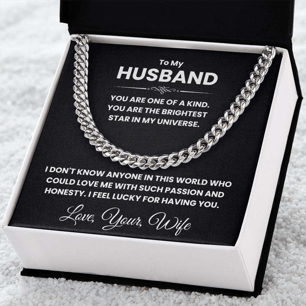 Cuban Link Chain Necklace gift for husband displayed in black box with heartfelt message, perfect for special occasions.