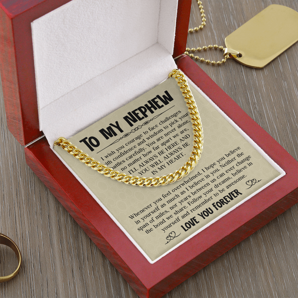 Cuban chain necklace in gift box with 'To My Nephew' message card, perfect birthday or graduation gift from aunt or uncle.