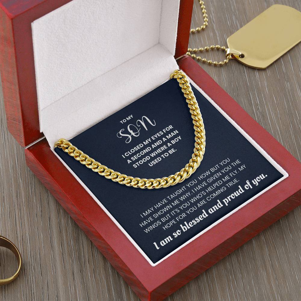 Gold Cuban link chain necklace in a gift box with a heartfelt note "To My Son - I Am So Blessed and Proud of You."