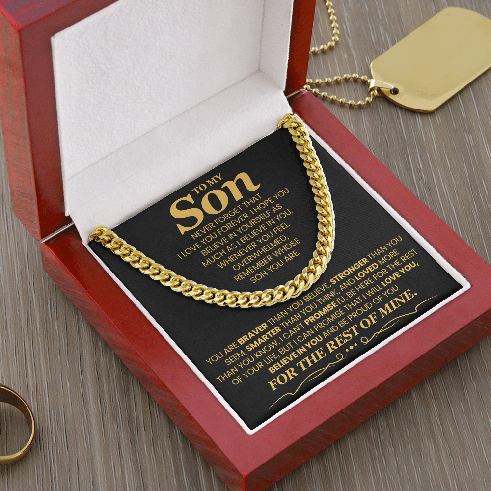Gold Cuban link chain in gift box with inspirational message card for son, perfect keepsake from dad for birthday, graduation, or special occasions.