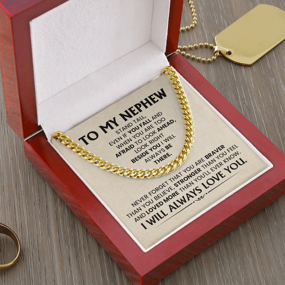 Gold Cuban chain necklace with 'To My Nephew' message card, ideal birthday or graduation gift from aunt or uncle.