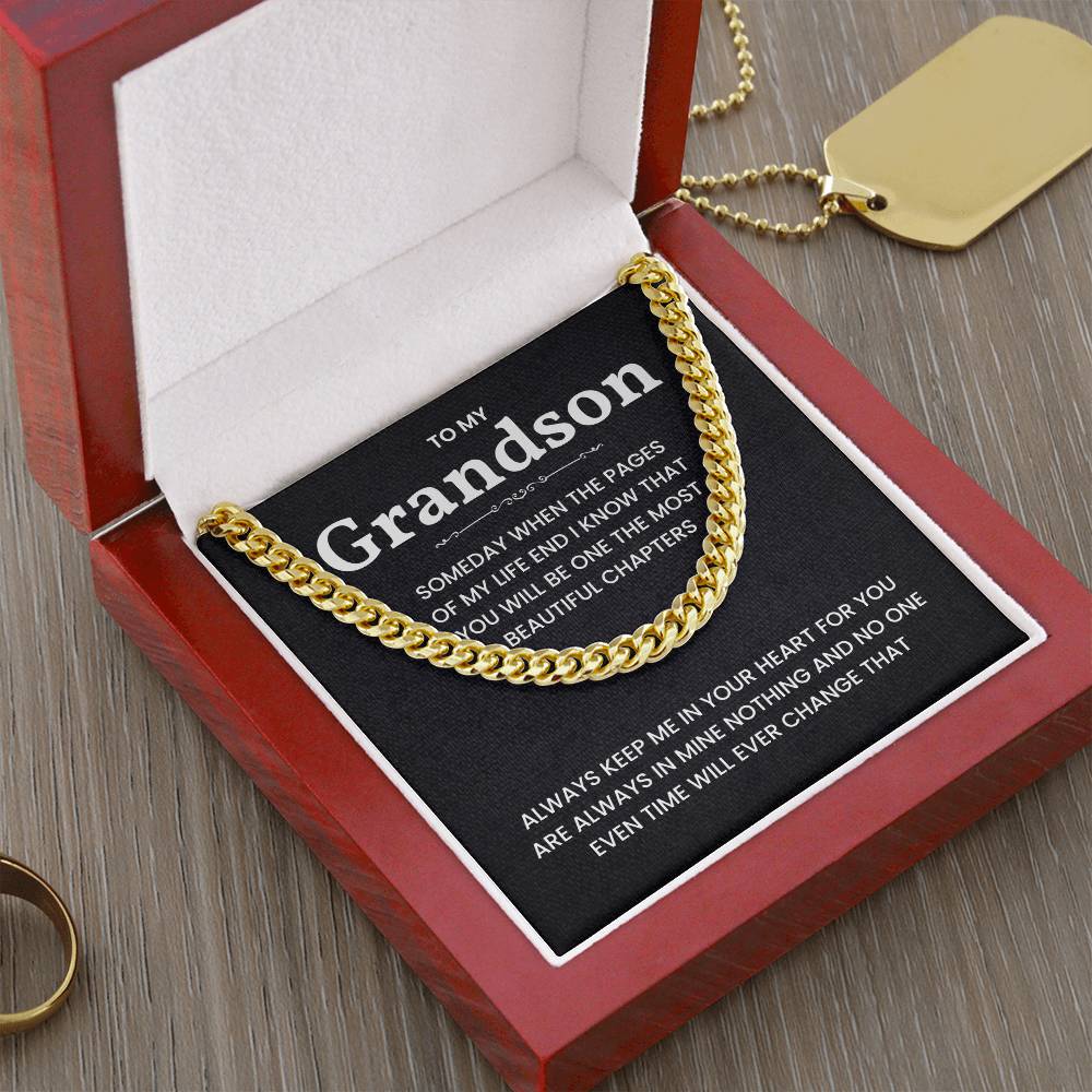 Gold Cuban link chain necklace in red gift box with 'To My Grandson' message, perfect gift for birthdays or holidays.
