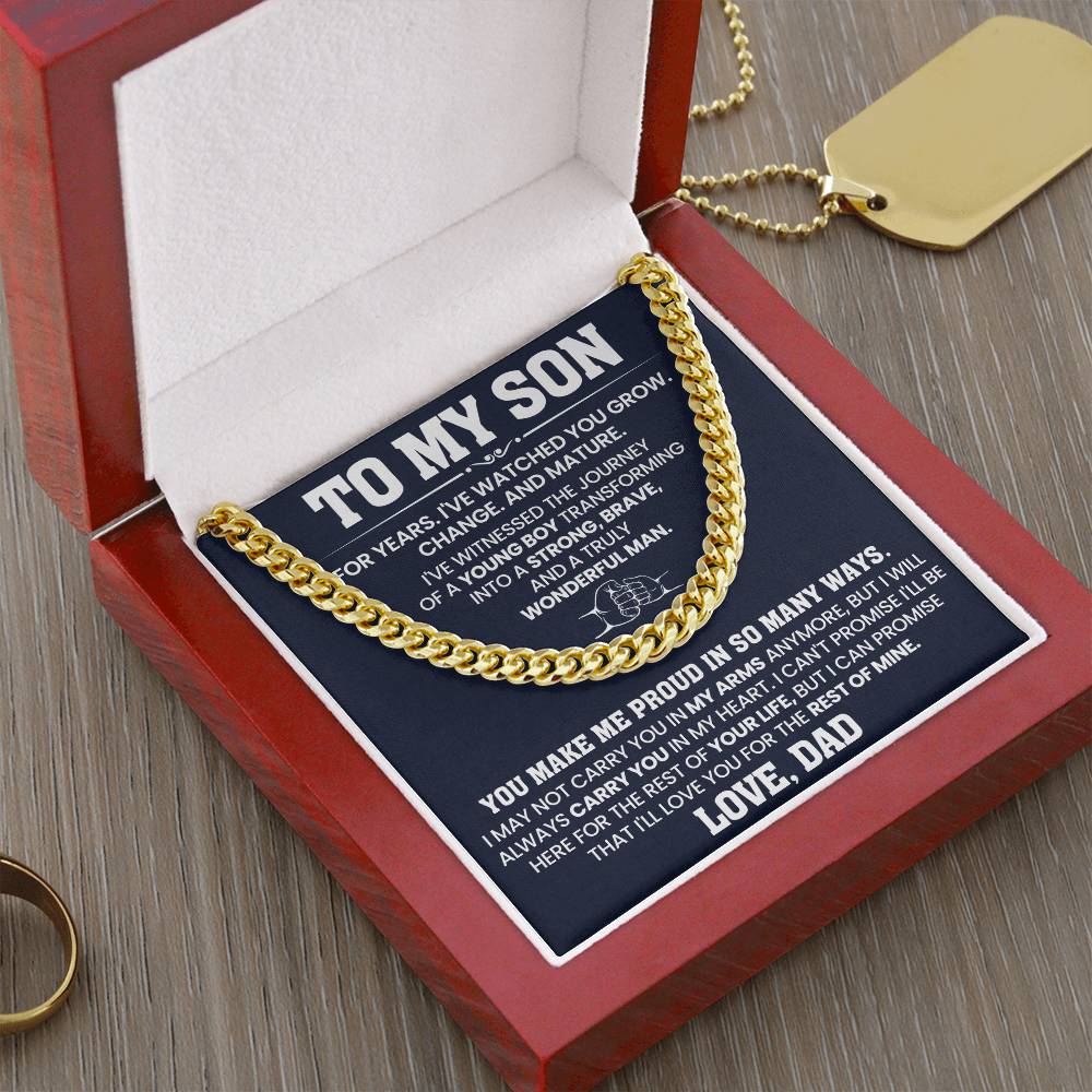 Gift box with a Cuban link chain and heartfelt message card for son, perfect for birthdays, holidays, or any special occasion.