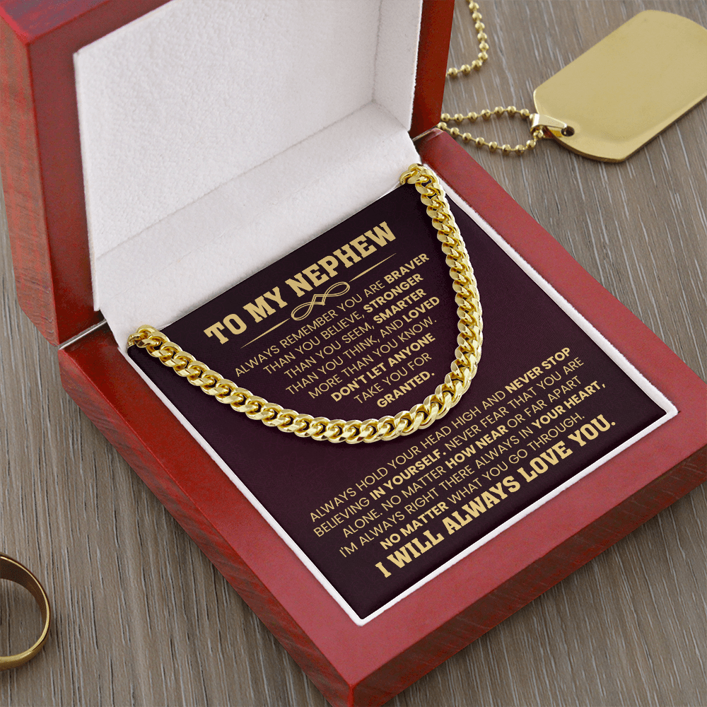 Cuban chain necklace for nephew in gift box with heartfelt message card from aunt or uncle, perfect for birthday or graduation.