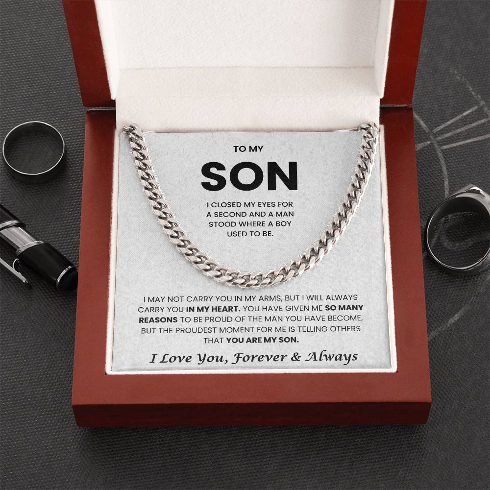 Cuban Link Chain necklace in gift box with heartfelt message to son: 'I Love You, Forever & Always.' Perfect for birthdays and holidays.