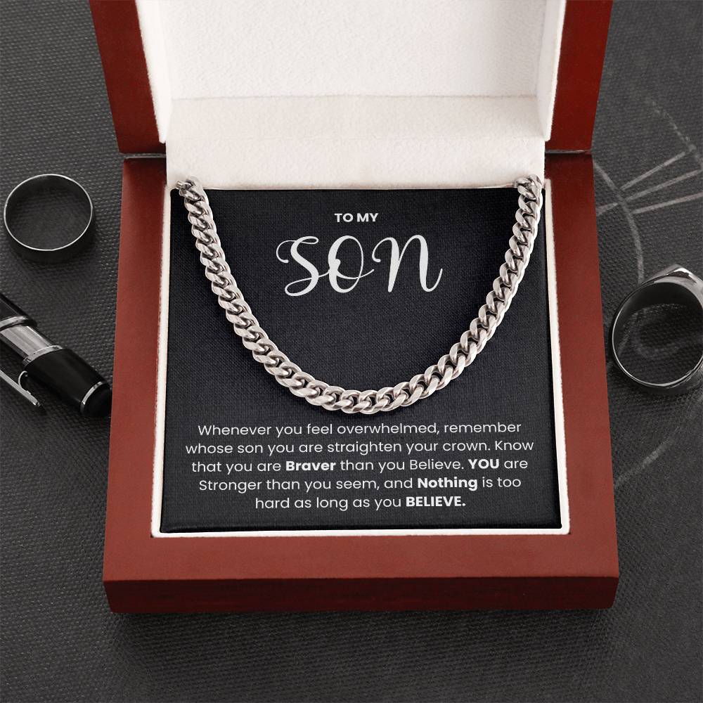 Cuban Link Chain in gift box with 'To My Son' message, perfect strength and style gift, available in stainless steel or 14K gold.