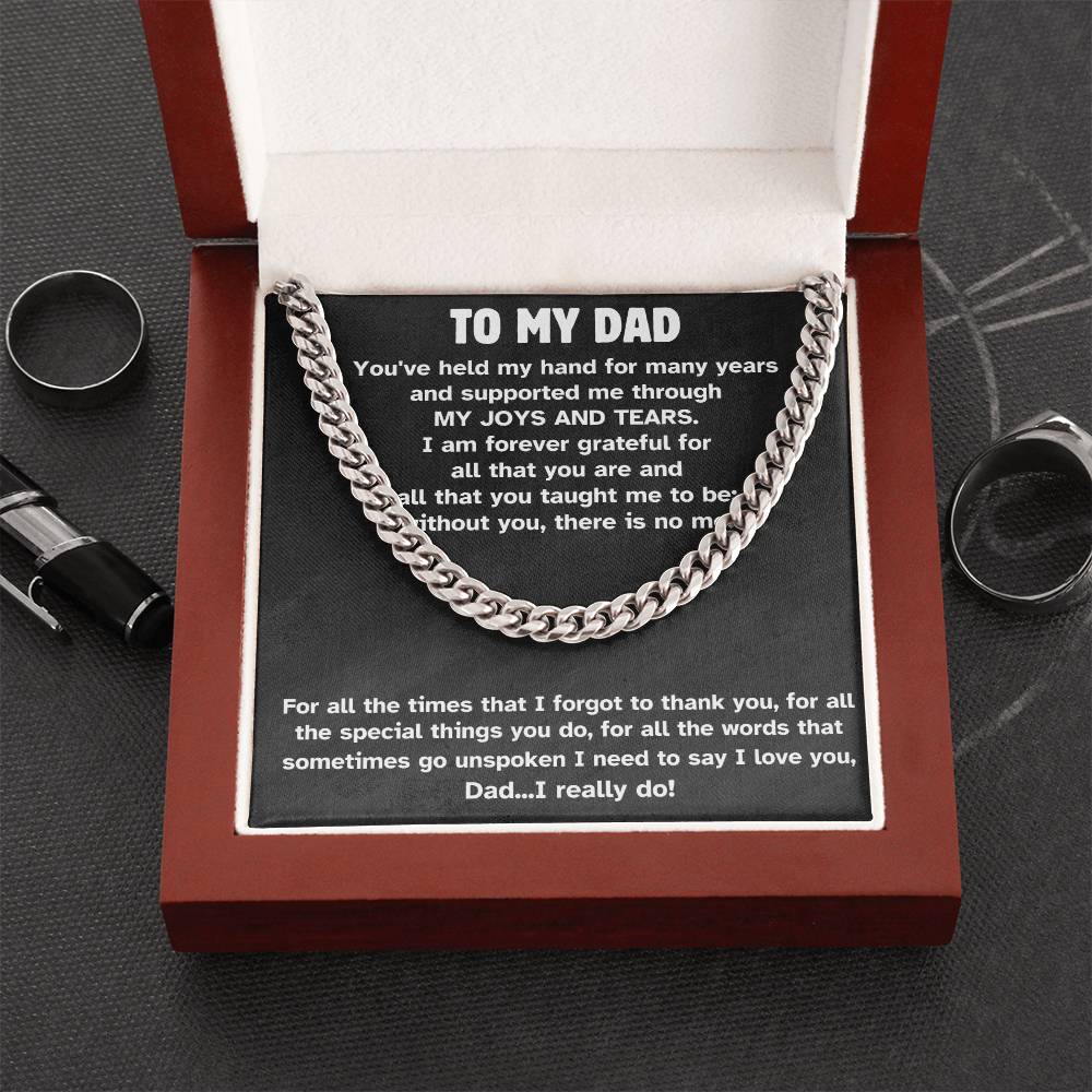 Cuban Link Chain Necklace for Dad with heartfelt message background, perfect gift in elegant presentation box for Father's Day or birthday.