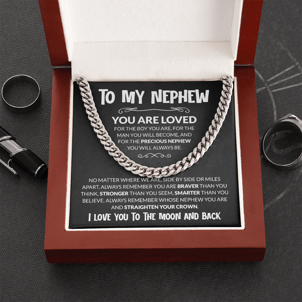 Cuban chain necklace gift for nephew with heartfelt message card in gift box from aunt or uncle, ideal for birthday or graduation.