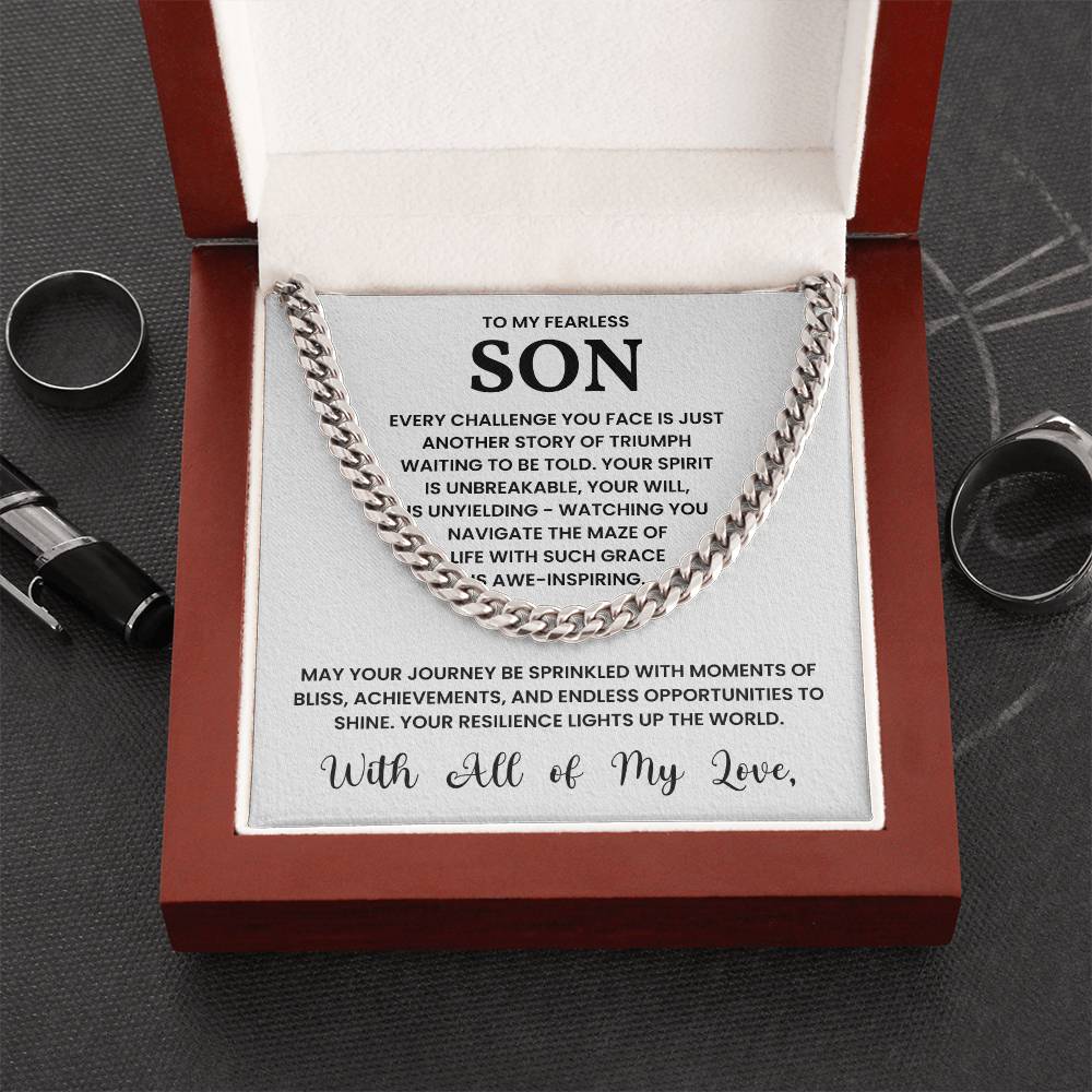 Cuban Link Chain Necklace in Gift Box with Inspiring Message for Son, Celebrating Strength and Resilience