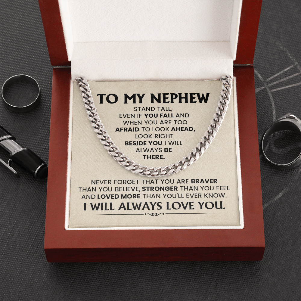 Cuban chain necklace gift for nephew with touching message card, perfect for birthday or graduation from aunt or uncle.