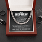 Cuban chain necklace gift for nephew with message card in decorative box, perfect for birthday or graduation present from aunt or uncle.