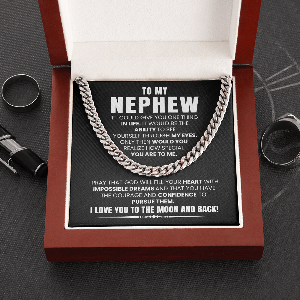 Cuban chain necklace gift for nephew with message card in decorative box, perfect for birthday or graduation present from aunt or uncle.
