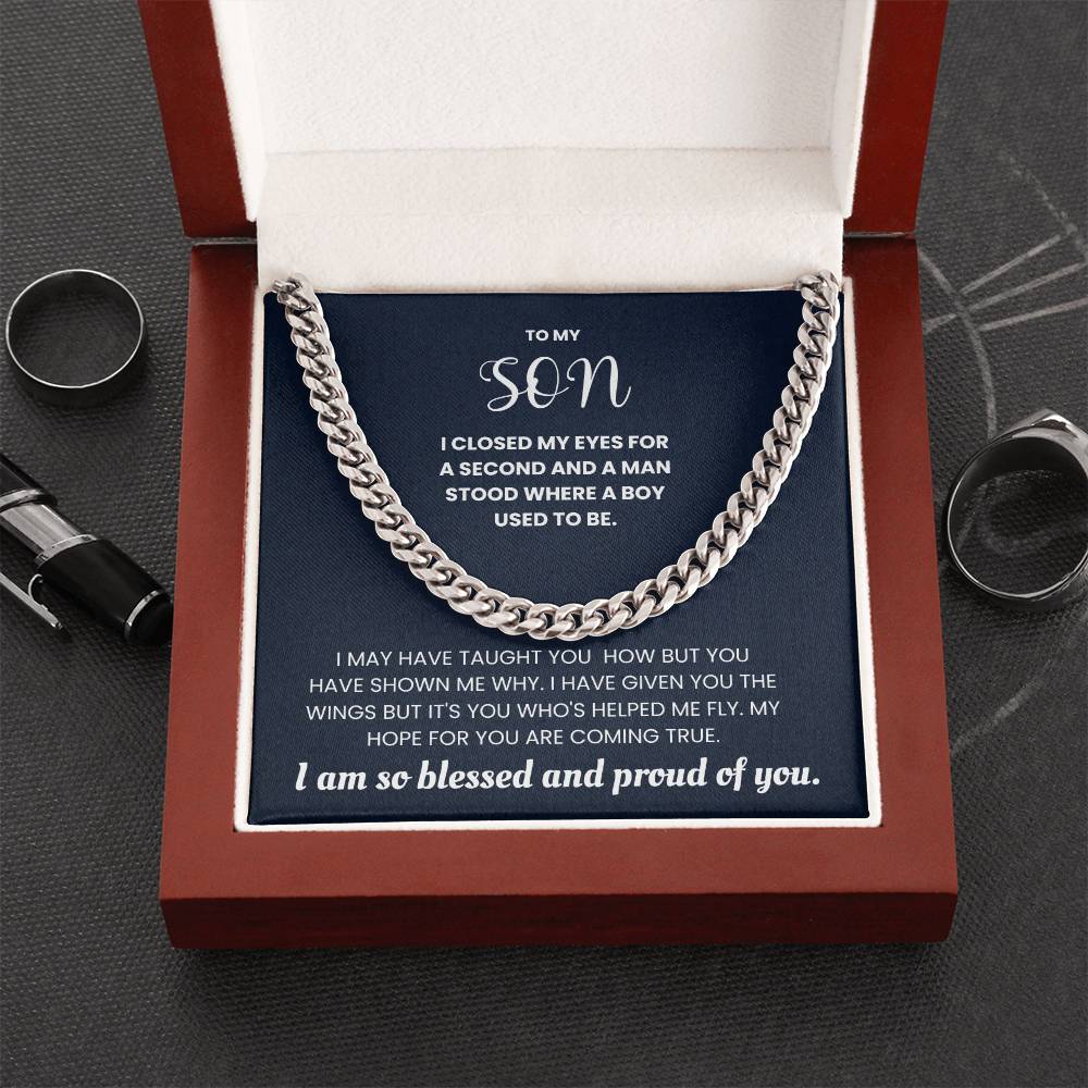 Cuban Link Chain Necklace for Son, displayed in gift box with sentimental message card, perfect for birthdays or special occasions.