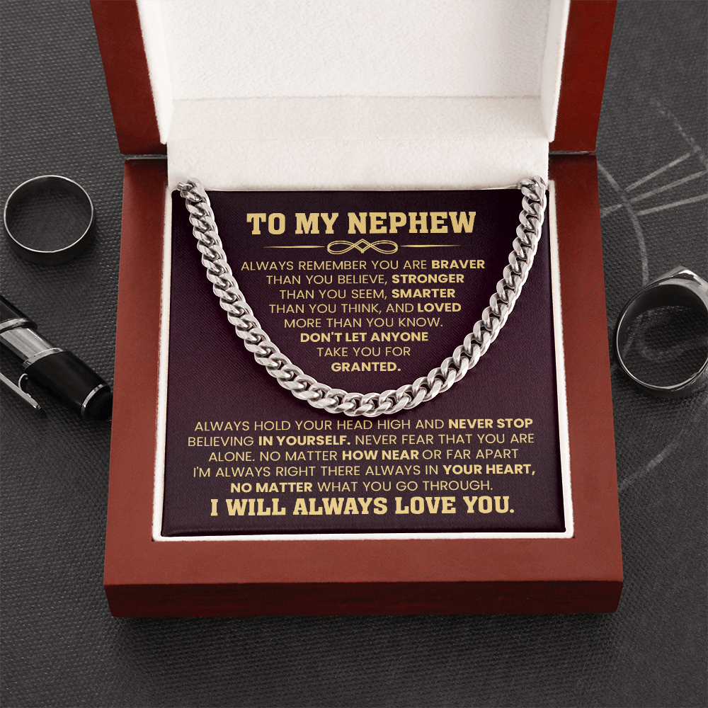 Cuban chain necklace gift for nephew with touching message card, perfect for birthdays and graduations from aunt or uncle.