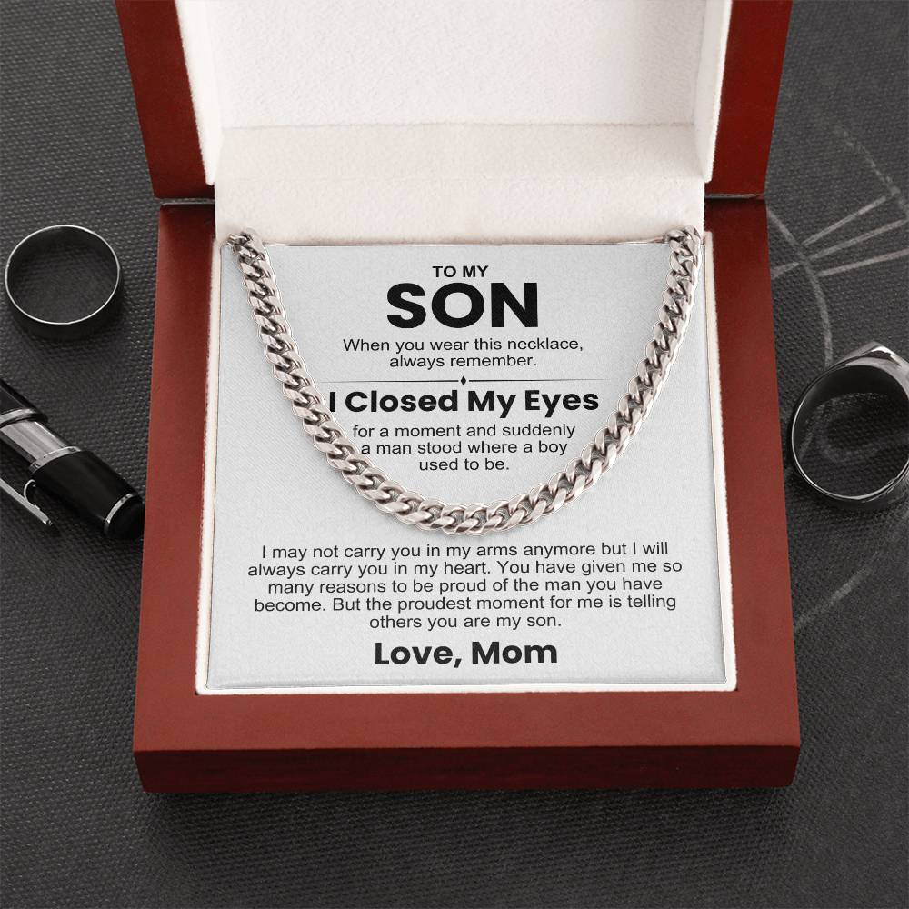 Cuban Link Chain Necklace in Gift Box with Sentimental Message Card 'To My Son, Love Mom'