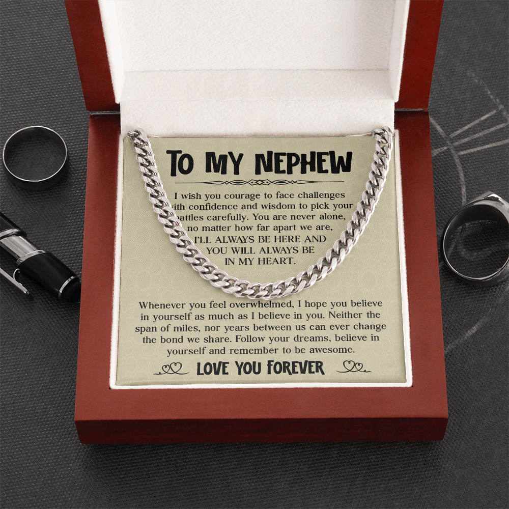 Cuban chain necklace gift for nephew with inspirational message card from aunt or uncle in gift box.