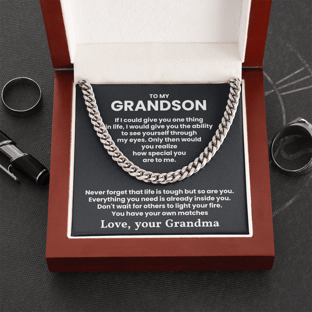 Cuban link chain necklace in a gift box with a heartfelt message from Grandma to Grandson, emphasizing strength and self-reliance.