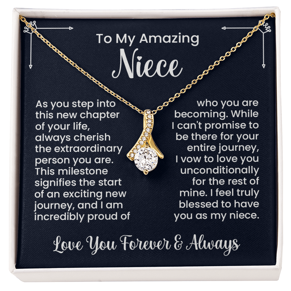 Gold Alluring Beauty Necklace for Niece with Encouragement Message from Aunt or Uncle as Gift of Love and Pride in Gift Box