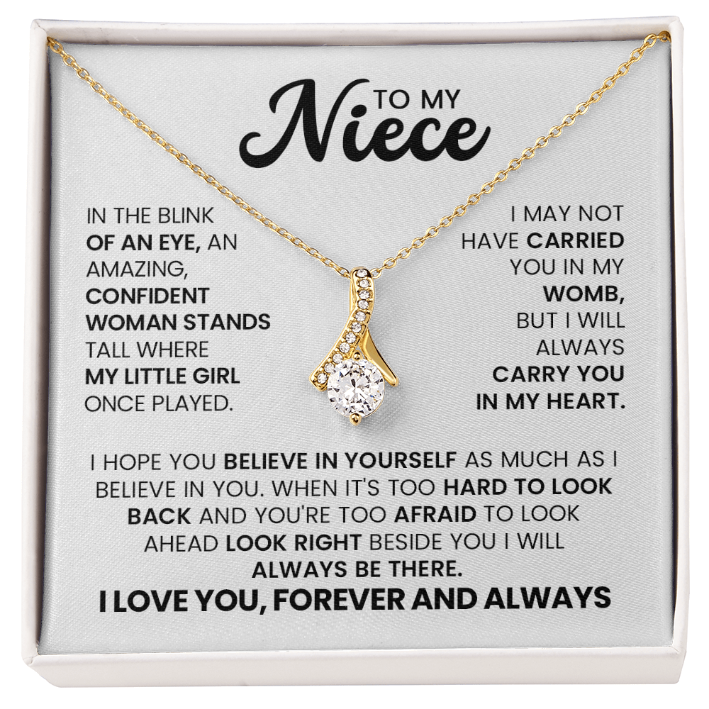 Alluring Beauty Necklace for niece with heartfelt message in gift box from aunt or uncle, symbolizing love and encouragement.