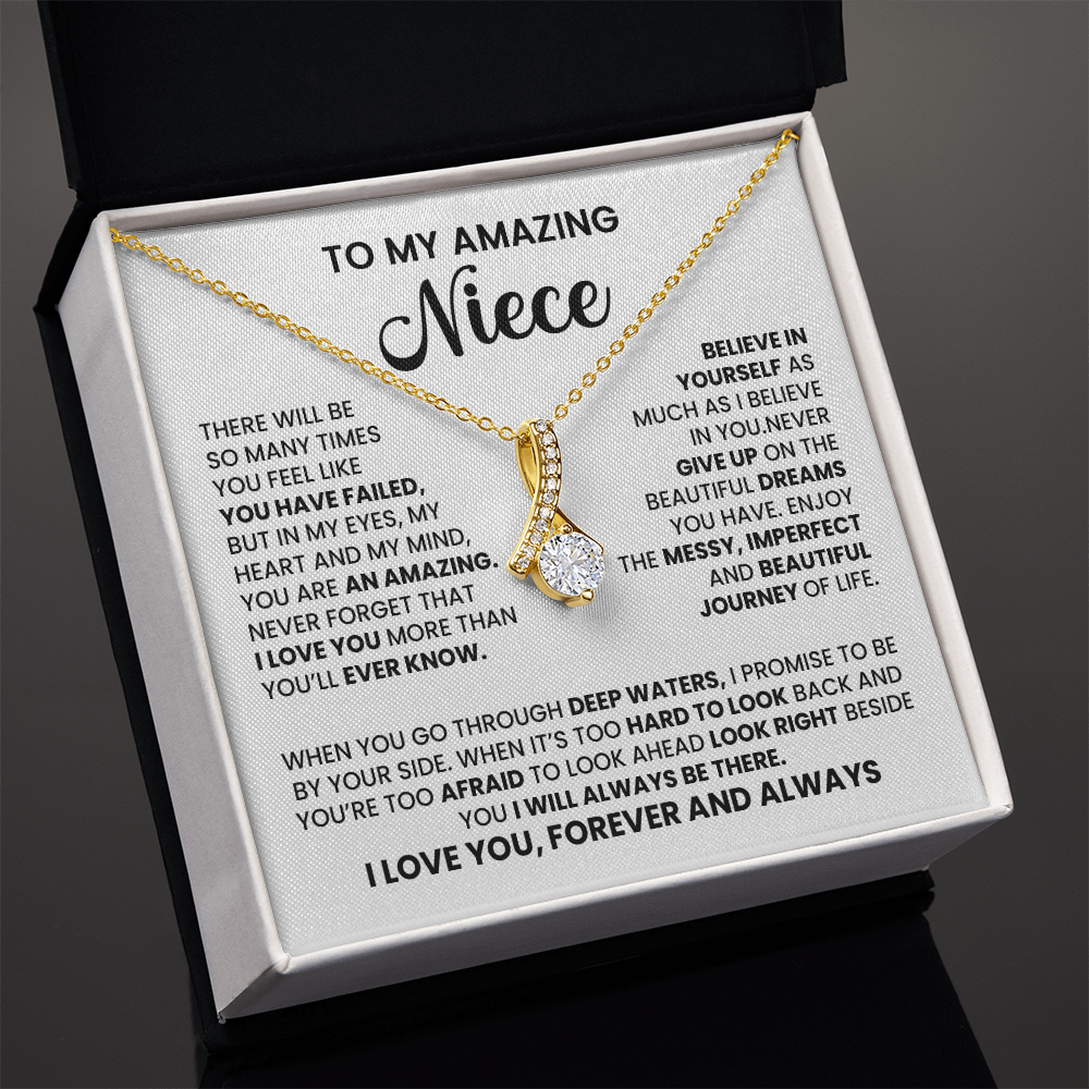 Alluring Beauty Necklace in gift box with heartfelt message card for an amazing niece, encouragement jewelry gift from aunt or uncle.