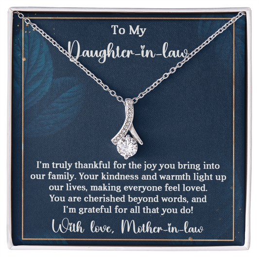 Alluring Beauty necklace gift for daughter-in-law, featuring a ribbon-shaped pendant with heartfelt message from mother-in-law.