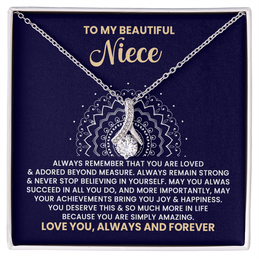 Beautiful niece necklace with inspirational message card, perfect gift from aunt or uncle highlighting love and encouragement.
