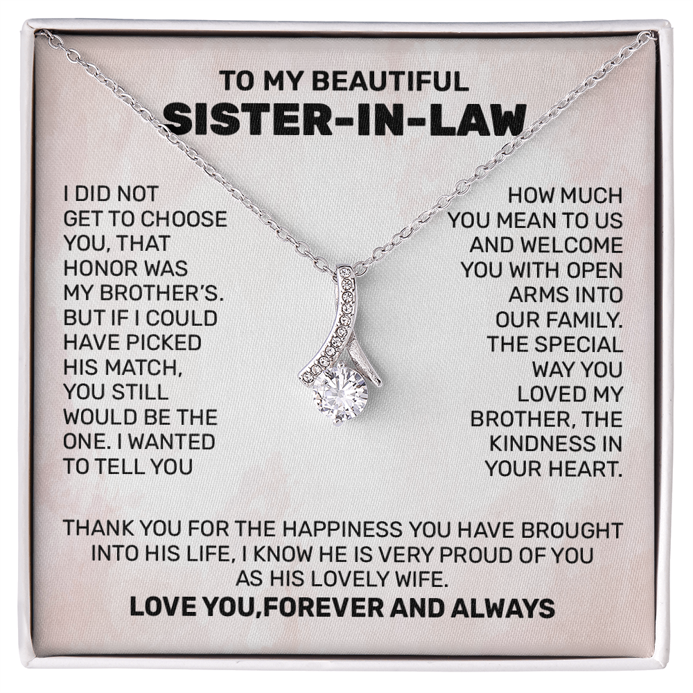 Elegant necklace gift for sister-in-law with heartfelt message from husband's sibling, perfect for weddings or birthdays.