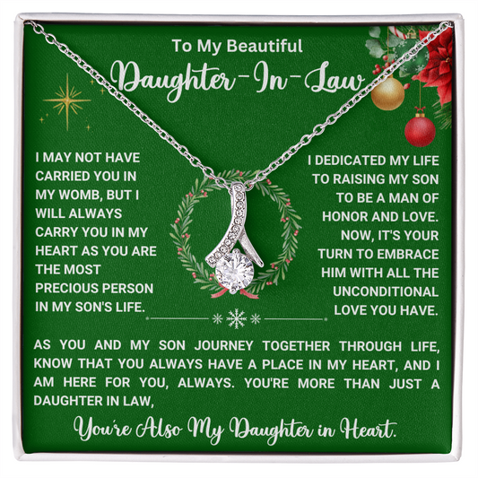 Alluring Beauty necklace for daughter-in-law with a heartfelt message on a green background, Christmas-themed, perfect gift idea.