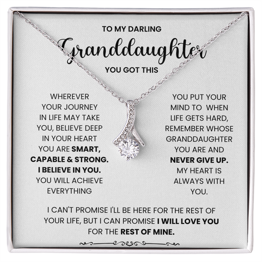 Alluring Beauty necklace with ribbon pendant, perfect gift for granddaughter, accented with a special message about strength and love.