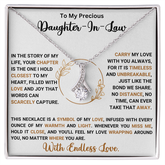 Alluring Beauty Necklace for Daughter-in-Law with heartfelt message in gift box. Perfect gift celebrating love and connection.