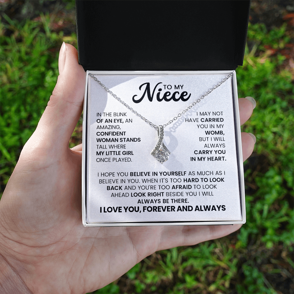 Alluring Beauty Necklace gift for niece with heartfelt message from aunt or uncle, symbolizing encouragement and love.