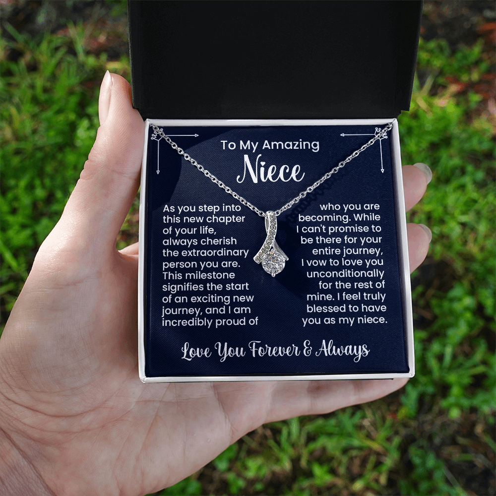 Alluring Beauty Necklace for niece in gift box with heartfelt message from aunt or uncle, encouragement jewelry for her