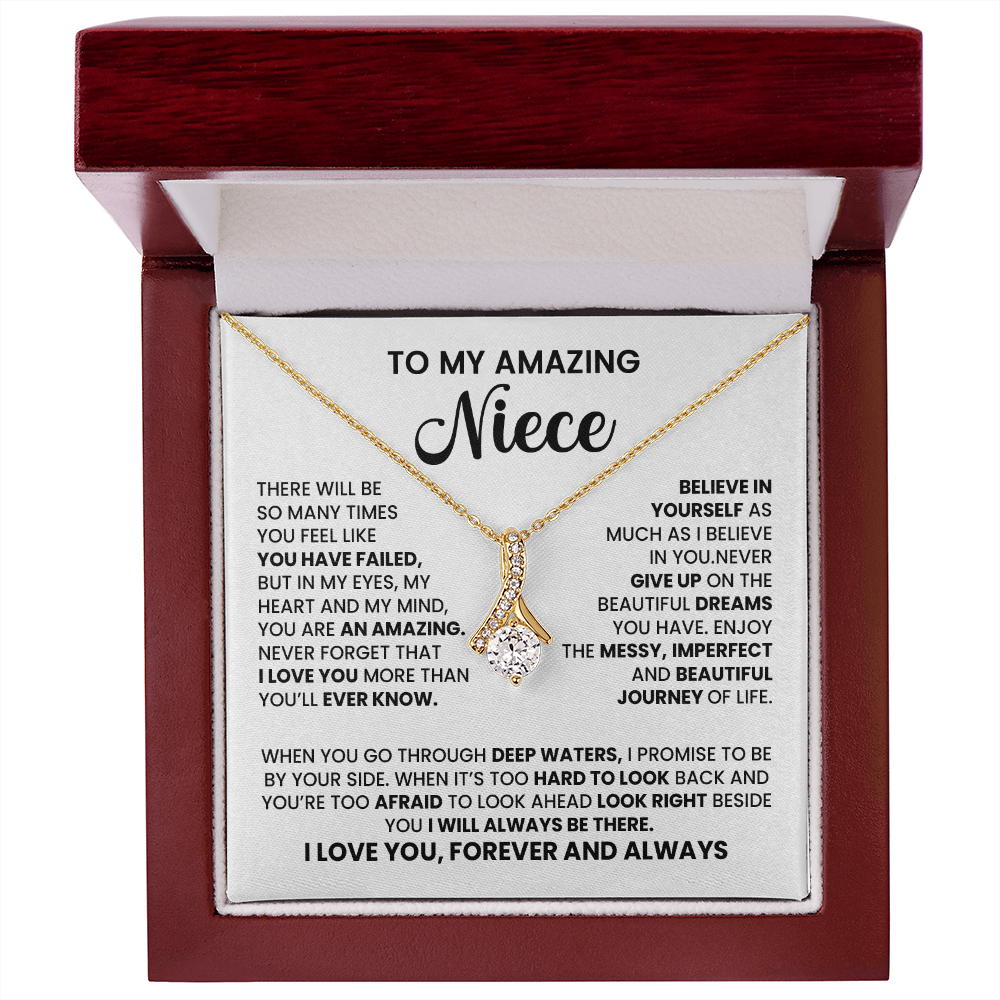 Alluring Beauty Necklace for Niece in gift box with heartfelt message of encouragement and love from aunt or uncle.