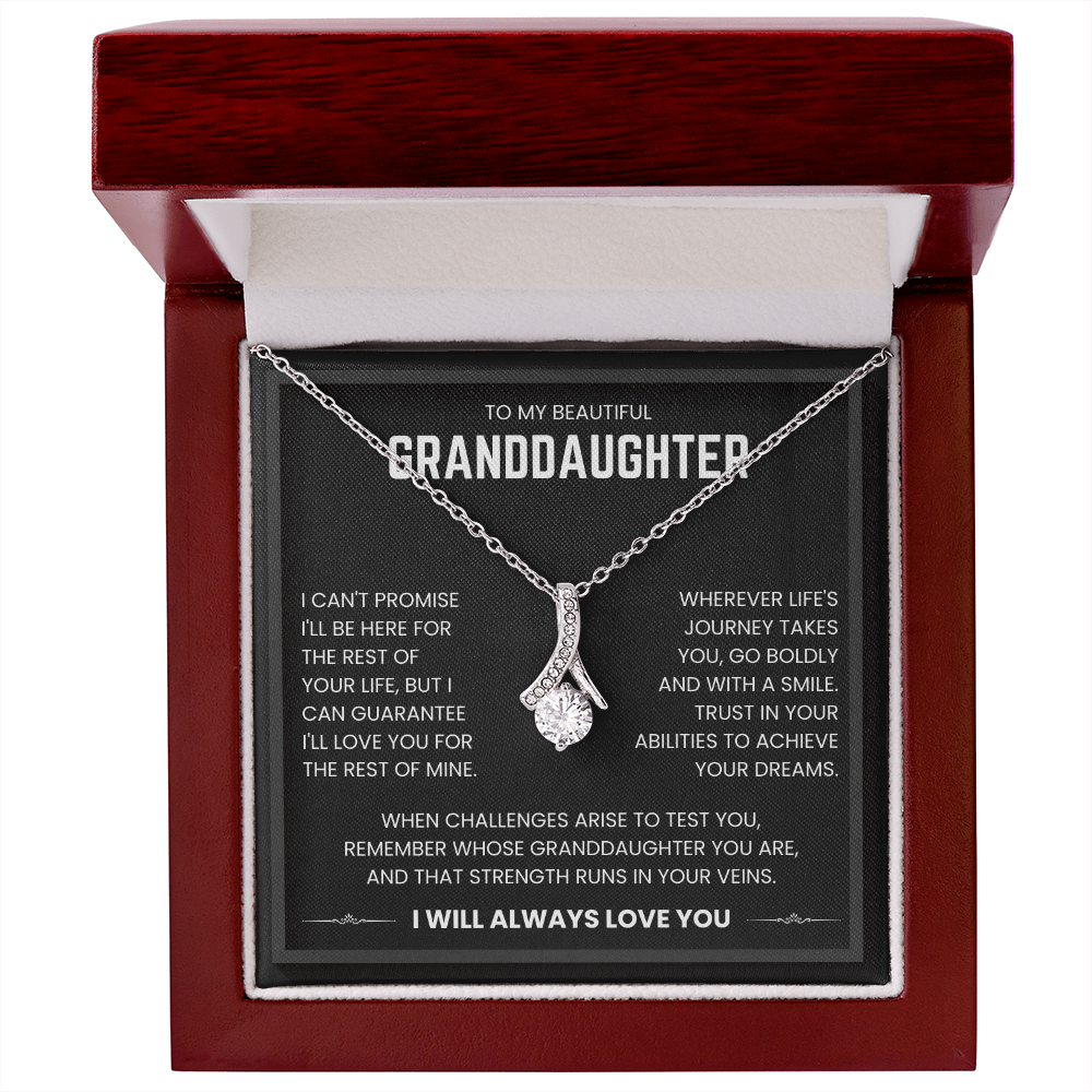 Necklace gift set for granddaughter with a ribbon pendant and sentimental message of love in a wooden box.