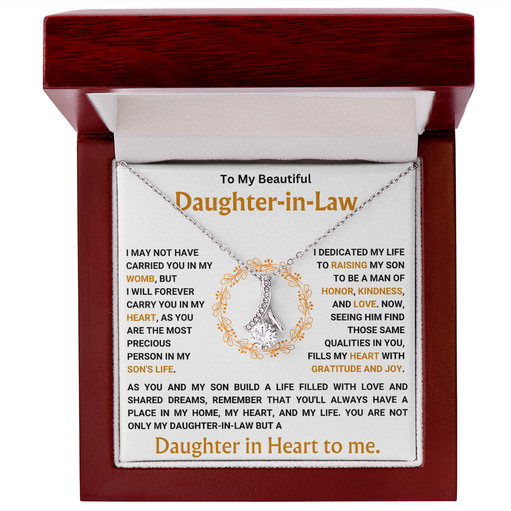 Alluring Beauty necklace with pendant in gift box for daughter-in-law with heartfelt message.
