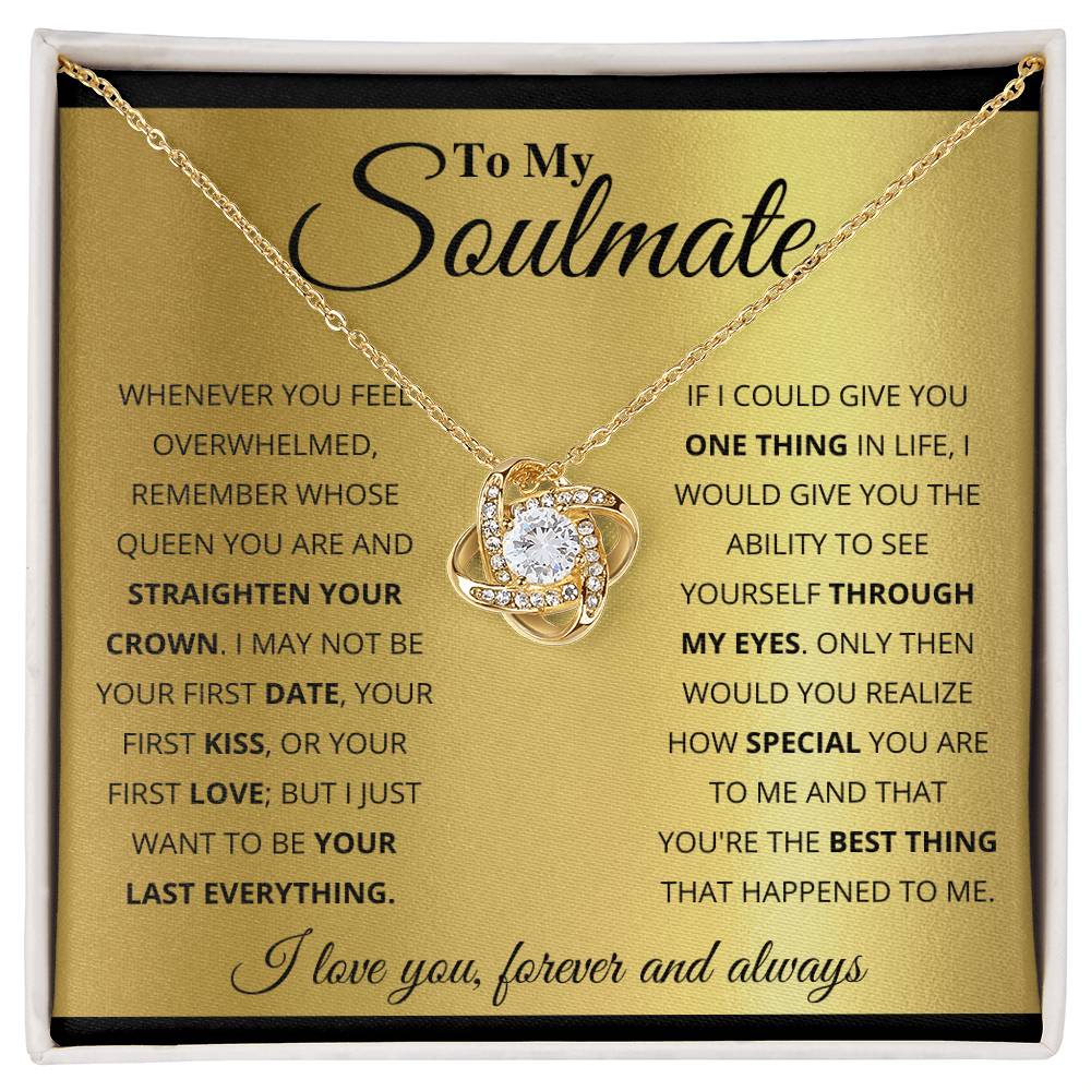 Gold love knot necklace with cubic zirconia, gift box reading 'To My Soulmate', symbolizes unbreakable bond, perfect romantic gift.