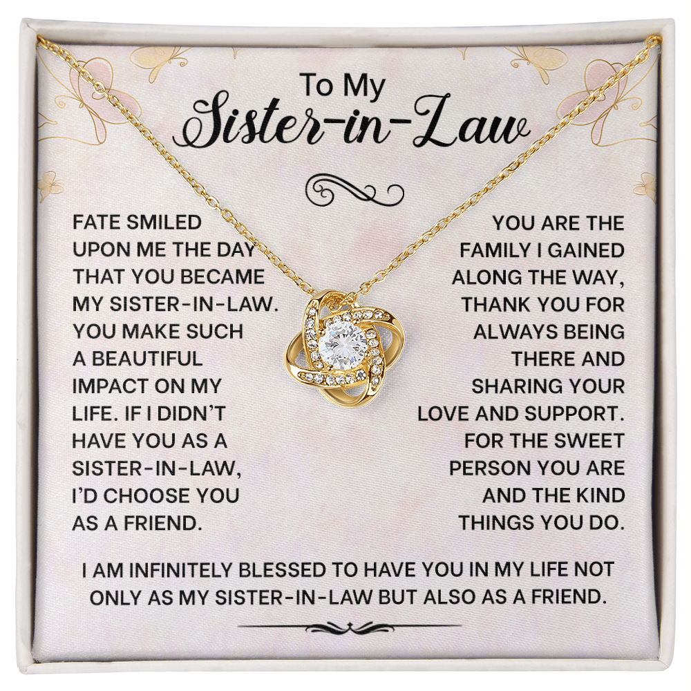 Love Knot Necklace for Sister-in-Law with heartfelt message, perfect gift for birthdays or appreciation, symbolizing love and gratitude.