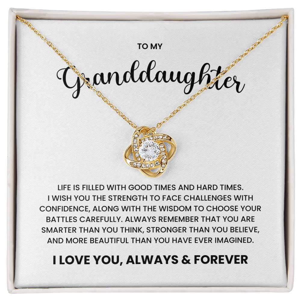 Love Knot Necklace with heartfelt message for granddaughter in gold with cubic zirconia, gift box, "I Love You Always & Forever"