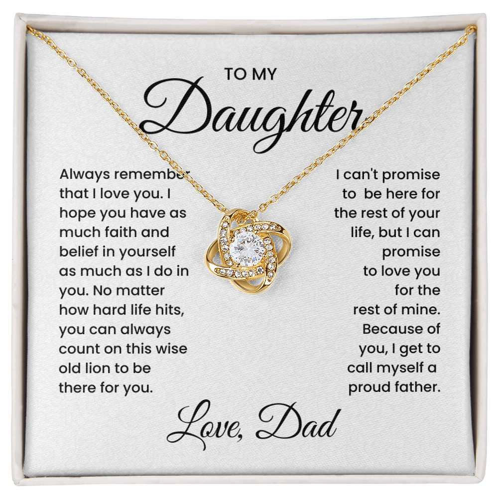 Love Knot Necklace gift for daughter with heartfelt message from dad, featuring premium cubic zirconia crystals. Perfect for special occasions.