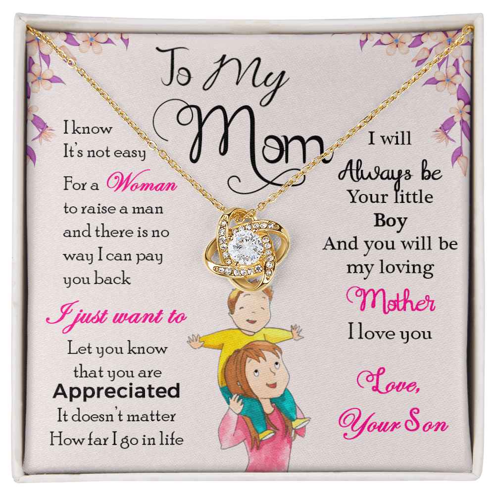 Love Knot Necklace "To My Mom" with heartfelt message and cubic zirconia pendant, perfect gift for Mother's Day.