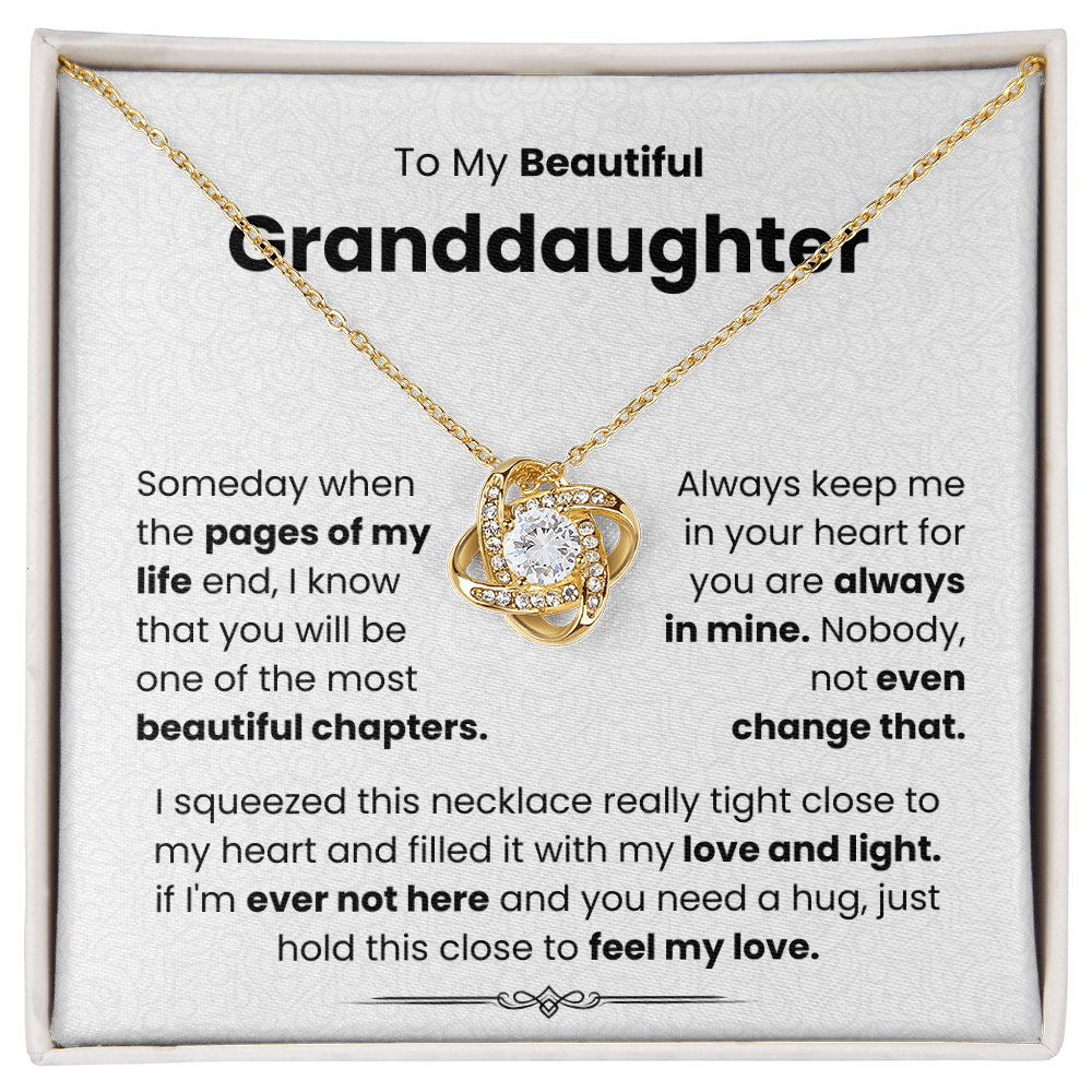 Love Knot Necklace gift box for granddaughter with heartfelt message, gold chain, and cubic zirconia embellishments.