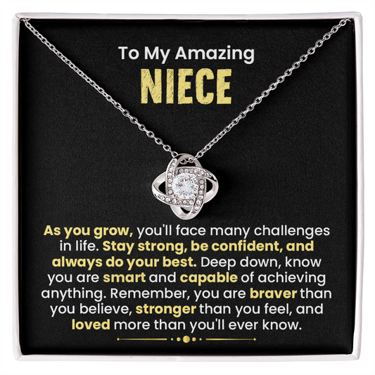 Love Knot Necklace with inspirational message for niece, featuring dazzling pendant and gift box from aunt or uncle.