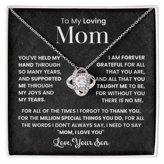 Love Knot Necklace in box with appreciation card for Mom from Son, heartfelt message, perfect Mother’s Day gift, elegant jewelry.