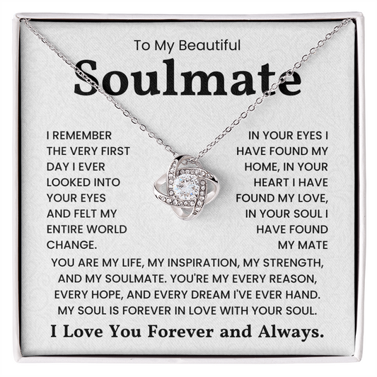Beautiful Love Knot Necklace with cubic zirconia and heartfelt message for soulmate, perfect romantic gift. 14k white or 18k yellow gold.