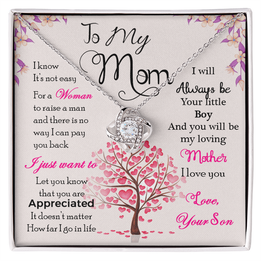 Love Knot Necklace gift for mom featuring cubic zirconia and heartfelt message card.