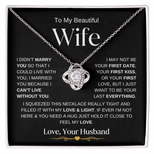 Love Knot Necklace with heartfelt message for wife, featuring cubic zirconia on 14k white gold over stainless steel, gift from husband.