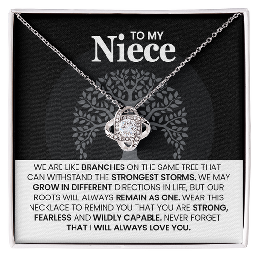 Elegant love knot necklace for niece with heartfelt message card, perfect gift from aunt or uncle; symbolizes unbreakable family bond.