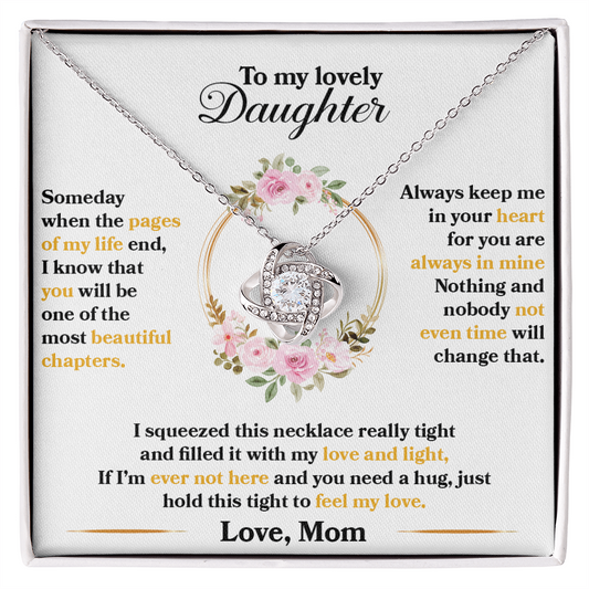 Love Knot Necklace gift for daughter with heartfelt message, 14k white gold finish, embellished with cubic zirconia, floral box design.