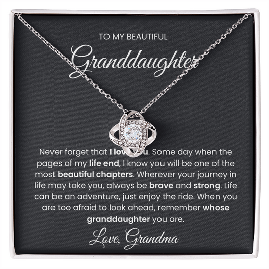 Love Knot Necklace in gift box with heartfelt message to granddaughter, featuring cubic zirconia and 14k white gold.